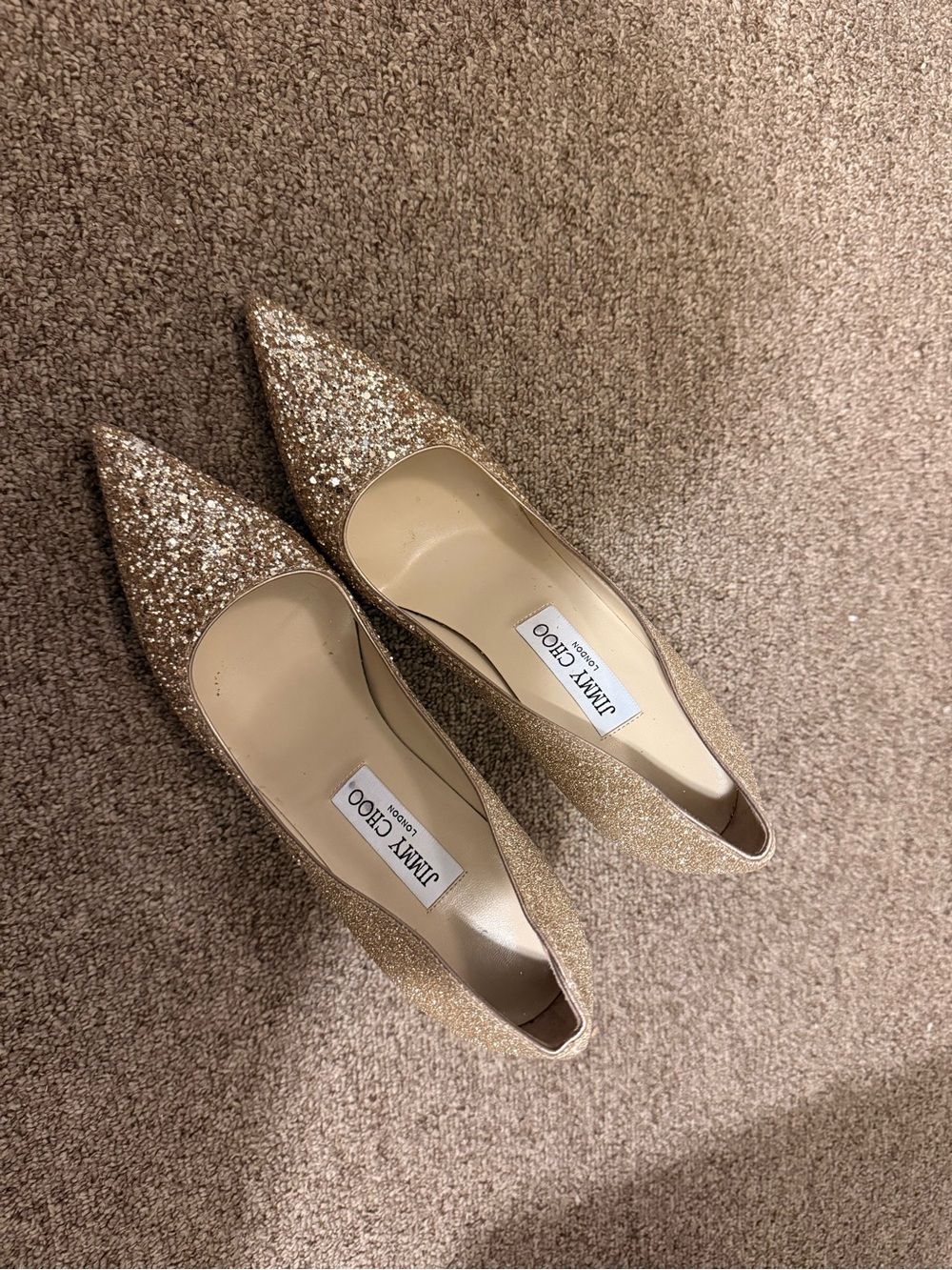 Jimmy Choo Rose Gold Coarse Glitter Romy Pumps Size 37